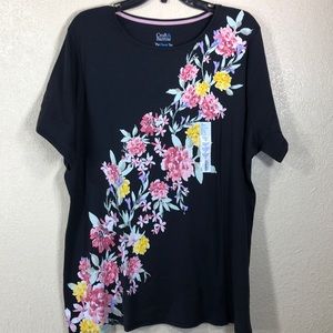 Croft & Barrow Tee Top Black Pink Floral NWT 2X Pullover Stretchy Short Sleeve